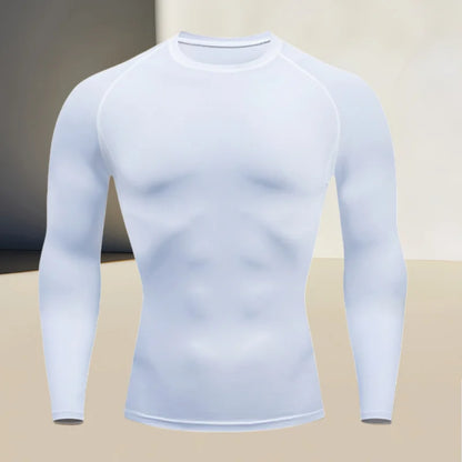 Men's fitness compression shirt with round neck, long sleeved muscle fit, suitable for bodybuilding and physical training