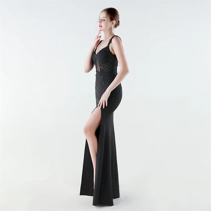 10 Colors Women's Sexy Slit Evening Dress with Appliques Soft Satin Wedding Party Dresses Prom Gowns robe de soiree