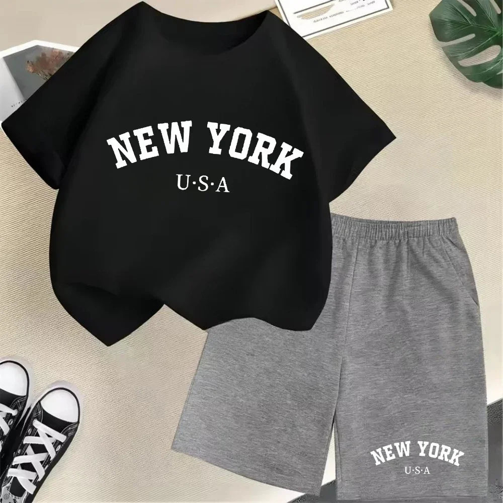 2026 New Kids Boys Girls New York Letter Pattern Cotton T-shirt+Shorts 2-Piece Set Casual Daily