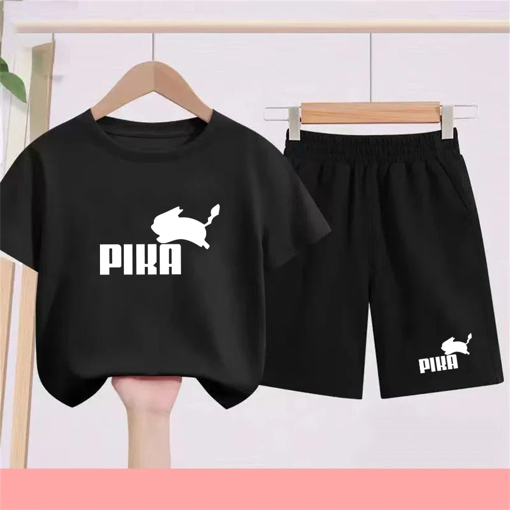 Summer Rabbit Graphics Boys Black Girls Pink Age 3-12 Tee+Shorts Suit Children Short Sleeve T-shirts Child  Casual Clothes