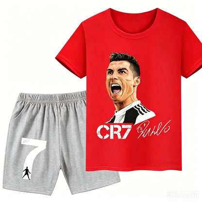 2026 Ronaldo Football Player CR7 Printed Children Clothing Casual T-shirt+Shorts 2pcs Sets Summer Kids Boys Fashion Sportsuits.