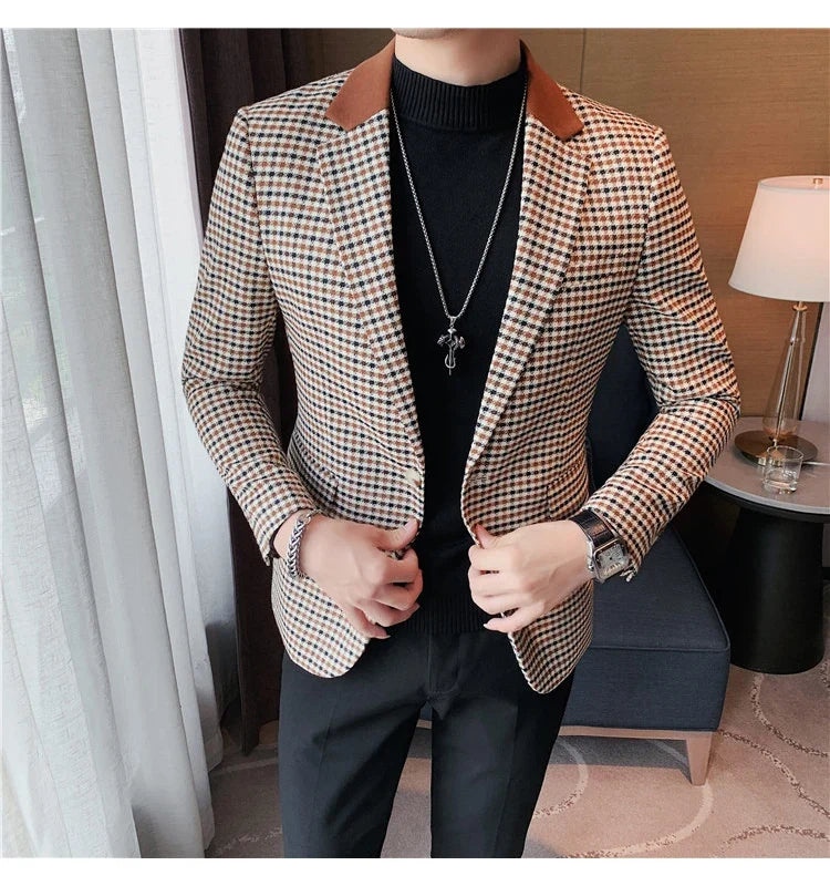 2024 Autumn Winter Korean  Houndstooth Blazer Jackets Fashion Color Matching Lapel Design Casual Men's Plaid Suit Coat Tuxedo
