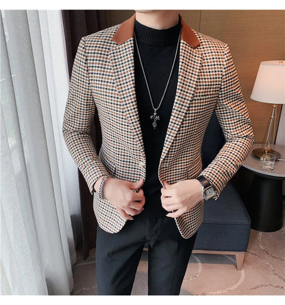 2024 Autumn Winter Korean  Houndstooth Blazer Jackets Fashion Color Matching Lapel Design Casual Men's Plaid Suit Coat Tuxedo