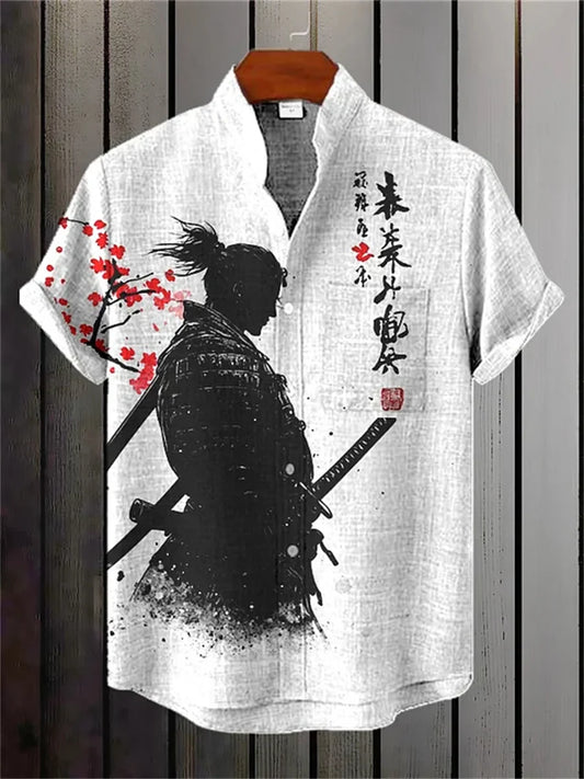 Men's short-sleeved shirt, samurai ink painting print, loose and breathable casual top, trendy retro design Hawaiian shirt.