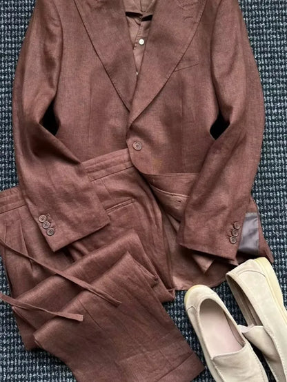 British Style Mens Linen Thin Suit Sets Slim Single Breasted Retro Blazers Pant Outfits Spring Summer Male Coat Two-Piece Set