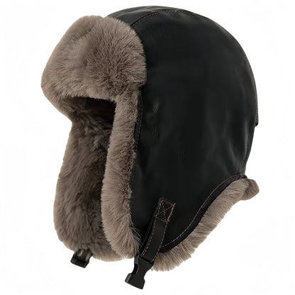 Men Winter Bomber Hat Outdoor Motorcycle Windproof Thicken Warm Faux Fur Pilot Earflap Hat Leather Thermal Ushanka