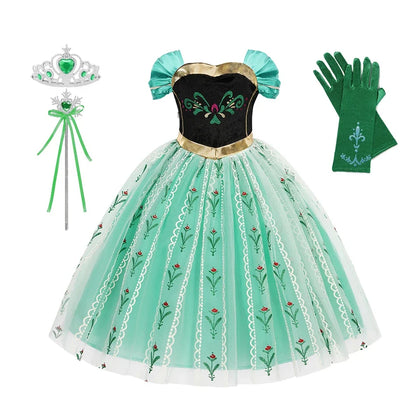 Elsa Anna Dress for Girls Short Sleeve Dress Snow Queen Floral Print Dress Cosplay Birthday Party Children Kids Carnival Clothes