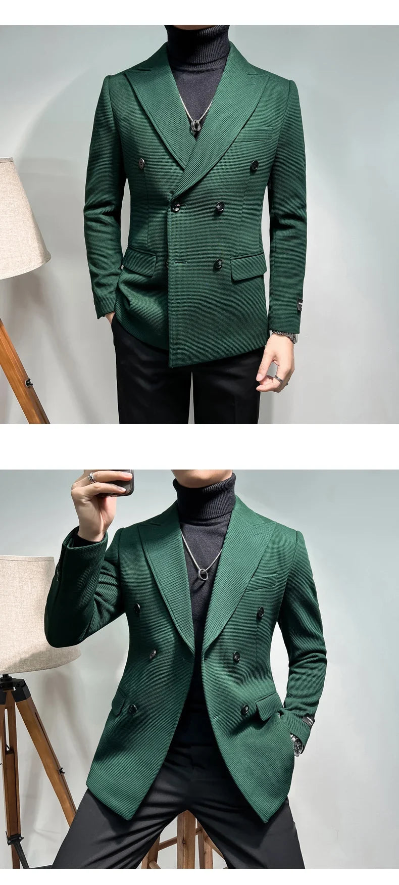 2025 Spring New Men's Waffle Double Breasted Suit Jacket High Quality Business Slim Fit Blazers Groom Social Party Dress Coats