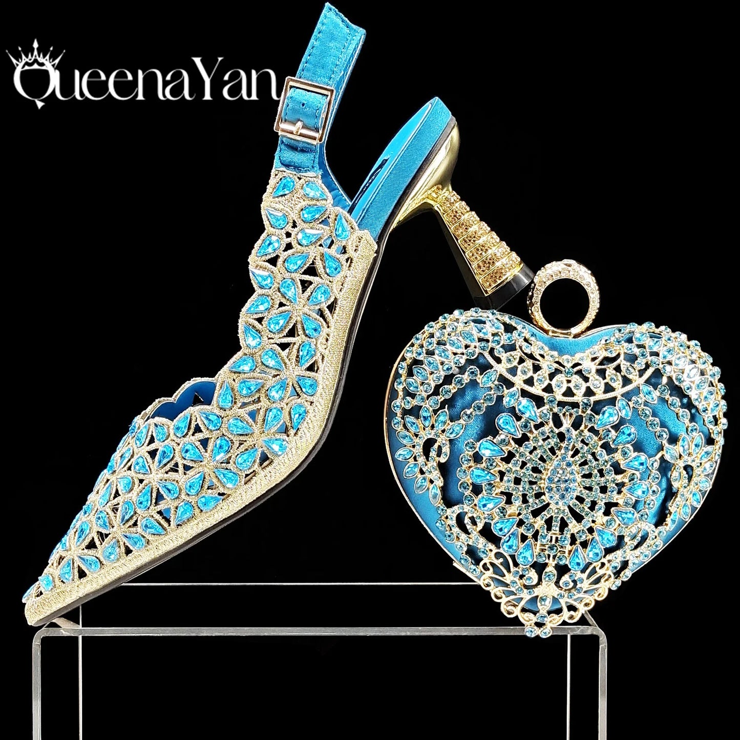 Fashion Design Heart Shape Three-Dimensional Hard Bag and Sexy Stiletto Shoes Shiny Rhinestones
