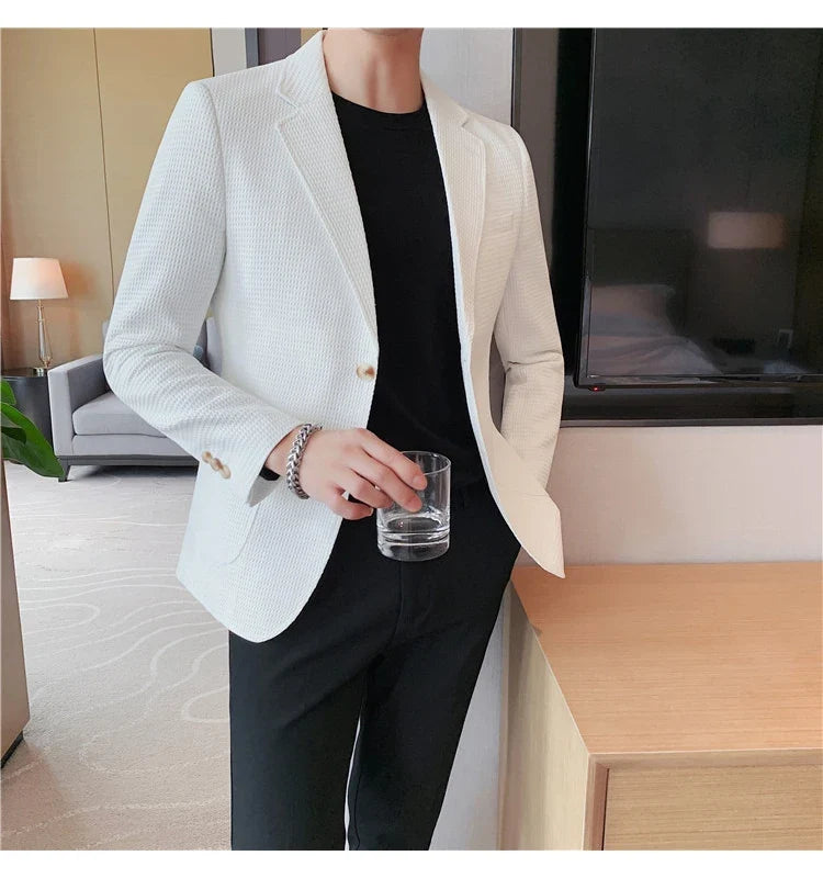Plus Size 4XL-M Autumn New Waffle Suit Jacket Men Two Buttons Slim Fit Business Casual Blazers Homme Formal Groom Prom Tuxedo
