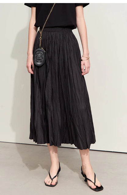 Minimalism Pleated A-Line Skirts Women 2024 Summer New Baiscs Rubber Band Waist Irregular Loose Large Hem Skirt 12442081