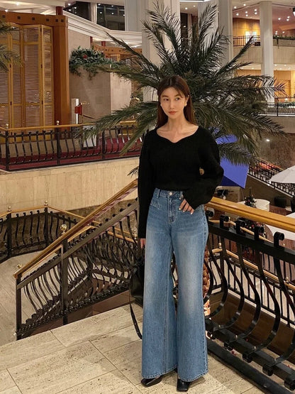 Retro High Waist Slim Fit Blue Jeans Women's Autumn Winter Straight Leg Long Pants Wide Leg Pants Classic Waed Denim