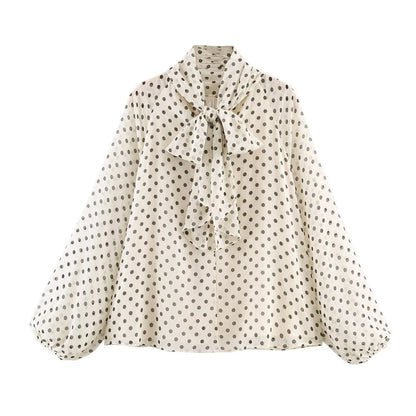 Women Polka Dot Print Blouse Casual High Collar Long Sleeve Lady Top Simple Women's Blouse Female Shirts & Blouses