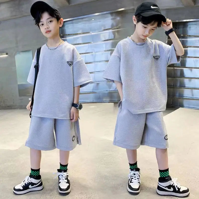 Summer Casual Boys Jacquard Loose T-Shirt Tops+Shorts Pant School Kids 2PCS Tracksuit Child Outfits Student Workout Set 3-14 Yr
