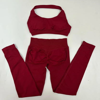 Yoga Leggings Set Women Seamless Yoga Set High Waist Scrunch Butt Legging With Halter Sports Bra Workout Gym Suit