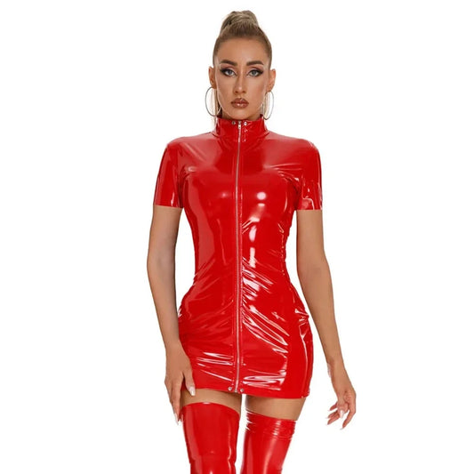 Sexy Zipper Wet Look Latex Mini Dress Black Red Shiny PU Leather Cut Out PVC Tight Costumes Exotic Dance Night Clubwear Outfits