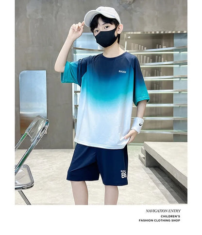 Summer Boys Gradient Quick-dry T-Shirt Top+Shorts Pant Sportswear Set School Kids 2PCS Tracksuit Children Jersey Outfit 5-16 Yr