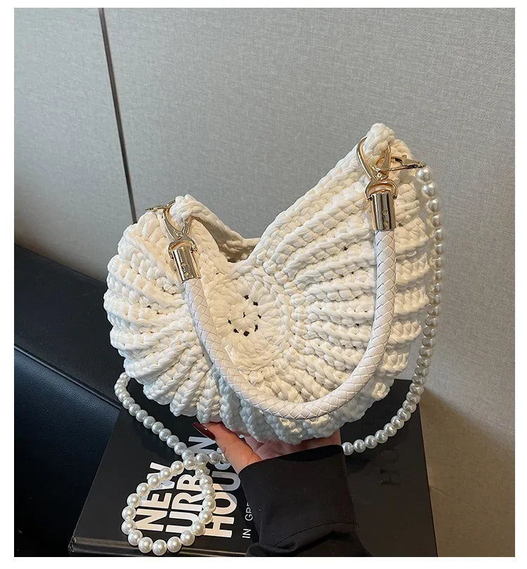 Fashion Conch Shaped Crochet Women Shoulde Bags Funny Cute Pearls Chains Handmade Weave Crossbody Bag Novelty Small Handbags