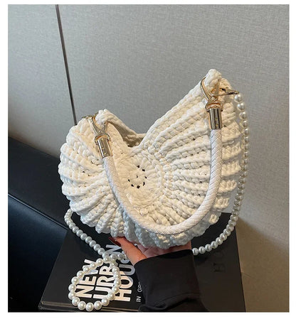 Fashion Conch Shaped Crochet Women Shoulde Bags Funny Cute Pearls Chains Handmade Weave Crossbody Bag Novelty Small Handbags