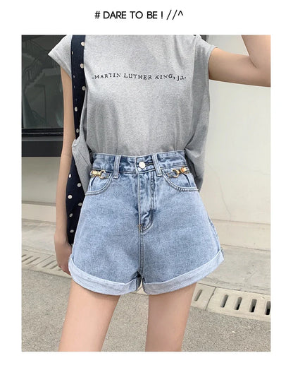 Summer 2024 Denim Shorts Women High Waisted Wide Leg Loose Crimping Blue Jeans Sequined Jean Shorts Female