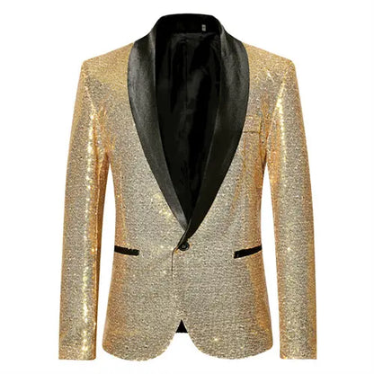 Shiny Gold Men Sequin Glitter Embellished Blazer Jacket, Nightclub Prom Suit Coats Mens Costume Homme Stage Clothes For Singers