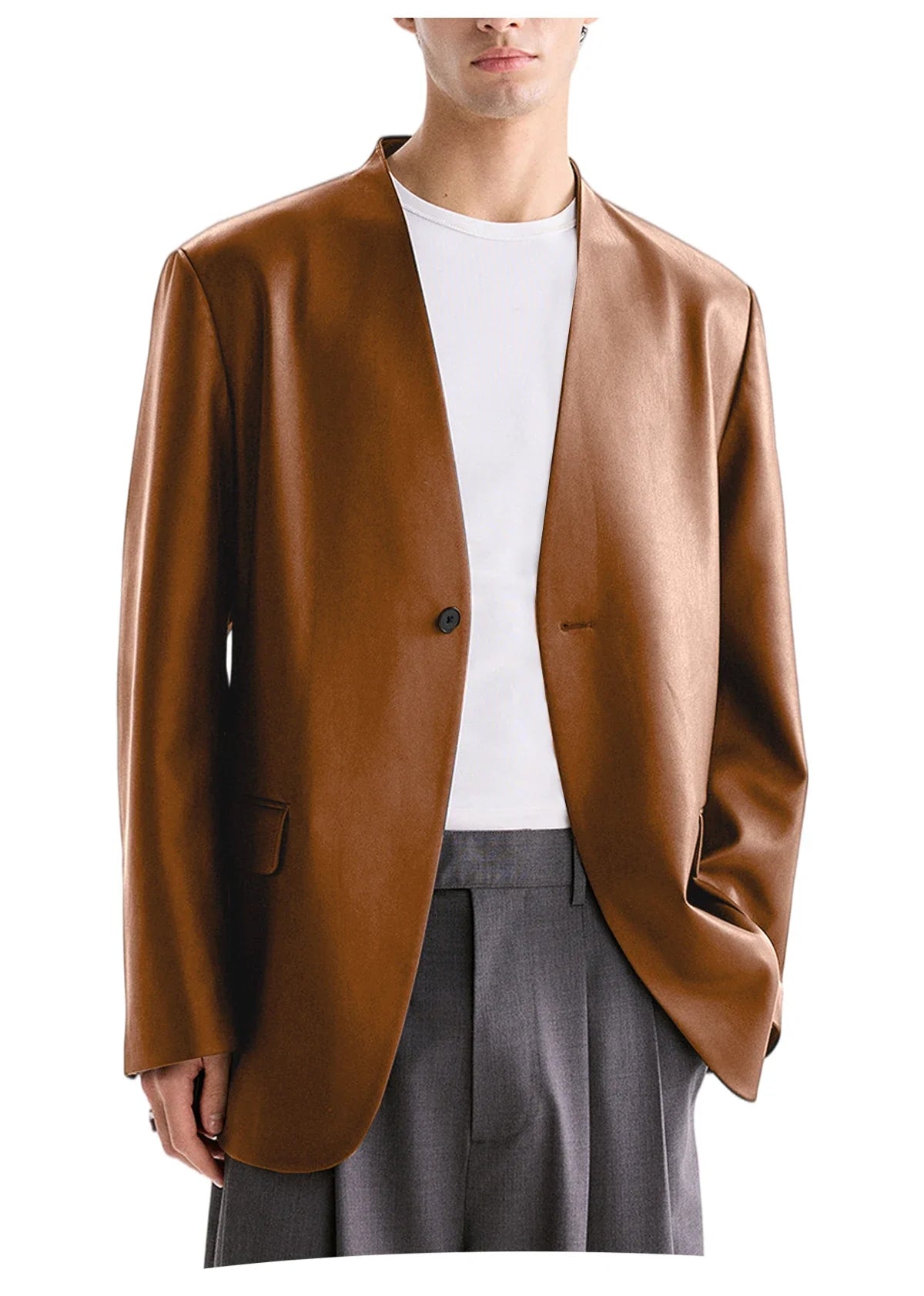 Luxury Men's PU Leather Blazer Collarless Jacket Loose 1 Button Elegant Solid Color Coat for Party Wedding Office Daily Wear