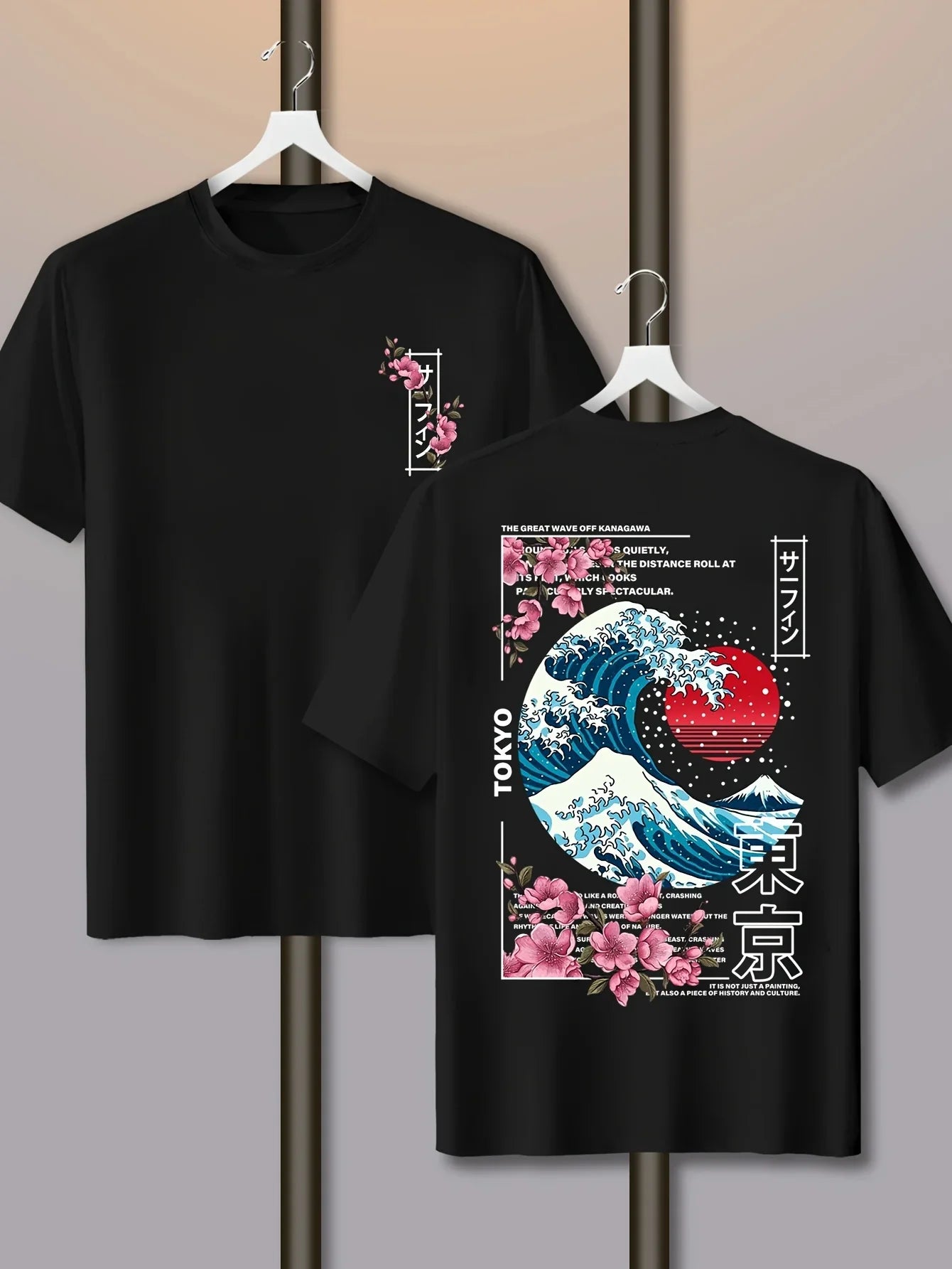 Men's Casual Tokyo Island Sunset Wave Print 100% Cotton T-shirt Short-sleeved Summer Breathable Street Trend Loose Comfortable