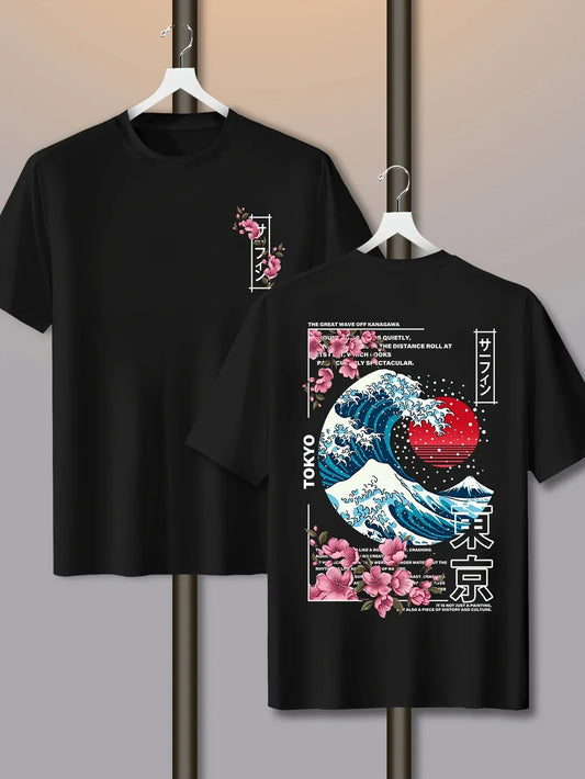 Men's Casual Tokyo Island Sunset Wave Print 100% Cotton T-shirt Short-sleeved Summer Breathable Street Trend Loose Comfortable