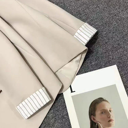 2025 New Beige Notched Collar Jacket Women Korean Chic Patchwork Long Sleeve Small Suit Coat Casual Simple Single Button Blazers