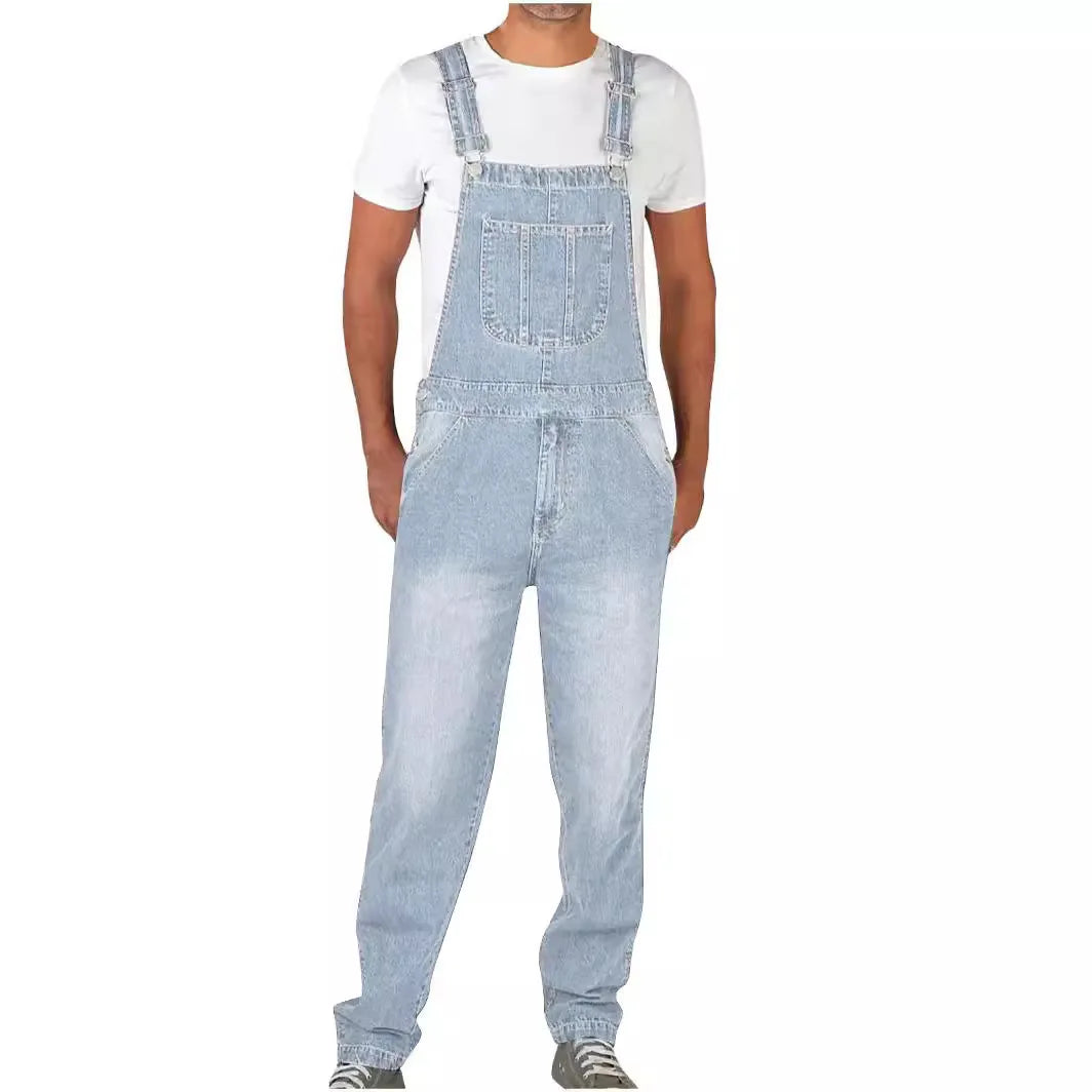 Overalls Jeans Men Ankle Length Jumpsuits Straight Pants Spliced One Piece Pockets Loose Vintage Wash Denim Casual Solid