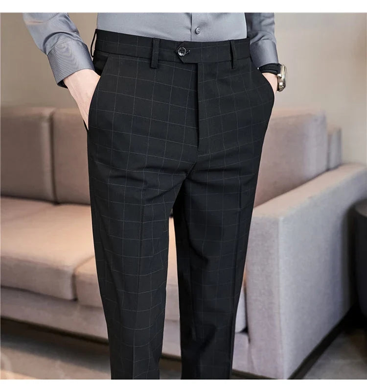 2026 High Quality Men's Plaid Striped Suit Pants Fashion Business Slim Fit Casual Straight Pants Formal Wedding Party Trousers