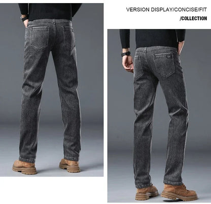 Men's Winter Stretch Fleece Jeans Thickened Warm Loose Straight Velvet Denim Trousers Classic Business Casual Black Work Pants