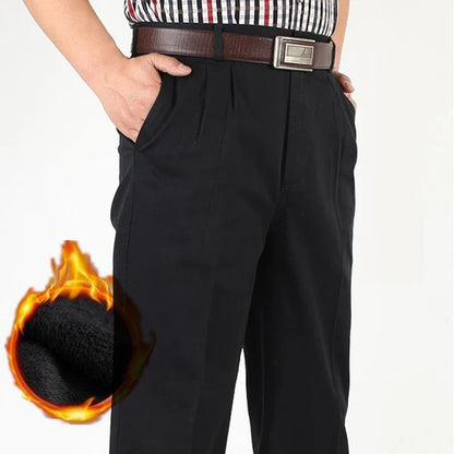 High Waist Double Pleated Warm Thick Fleece Winter Casual Pants Men Loose Straight  Cotton Office Trousers Plus Size 42 44 46