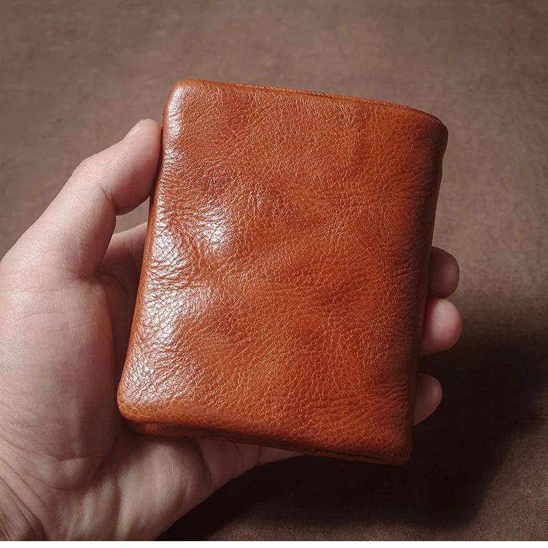 Retro Genuine Leather Short Wallet Men and Women Bifold Money Clip Credit Card Holder with Zipper Coin Pocket Small Purse