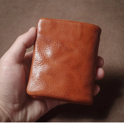 Retro Genuine Leather Short Wallet Men and Women Bifold Money Clip Credit Card Holder with Zipper Coin Pocket Small Purse