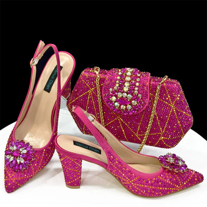 Elegant Woman Heel Shoes INS Style Pointed-Toe Rhinestone Pumps African Ladies Italian Shoe and Bag Set Designer 2024
