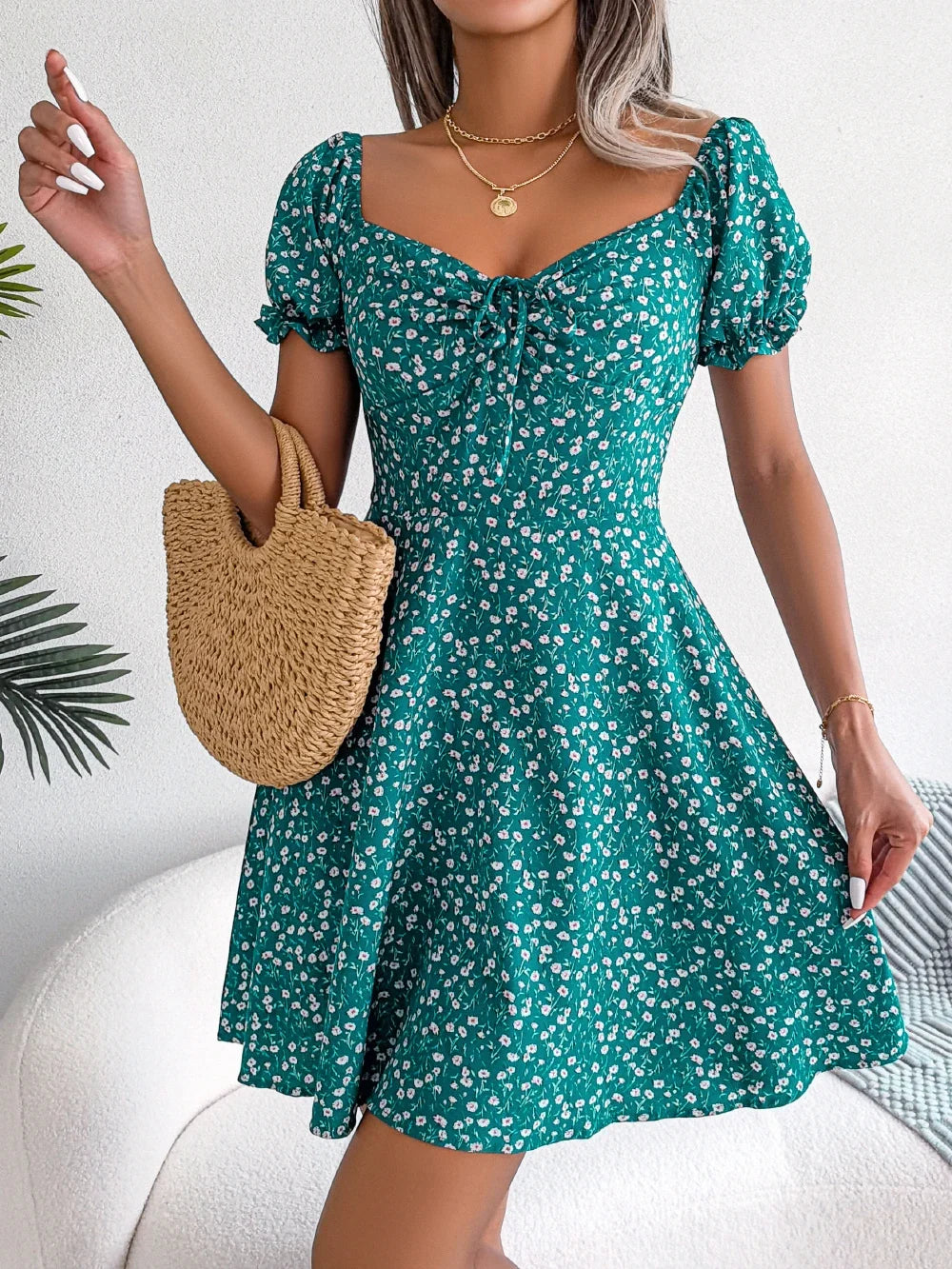 Women Casual Square Neck Flare Short Sleeve Floral Dress Elegant A Line Dress for Spring Summer 2026 Fashion Woman Clothing