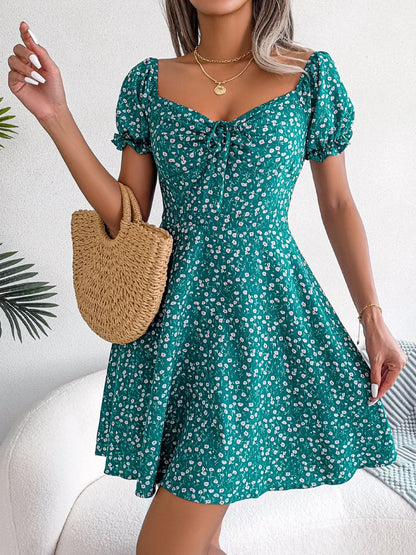 Women Casual Square Neck Flare Short Sleeve Floral Dress Elegant A Line Dress for Spring Summer 2026 Fashion Woman Clothing