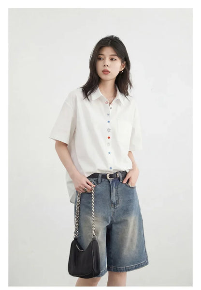 Fashion Women Shirt Short Sleeve Loose Casual Design Button Embroidered Placket Female Blouses Cotton Coat Summer 2026