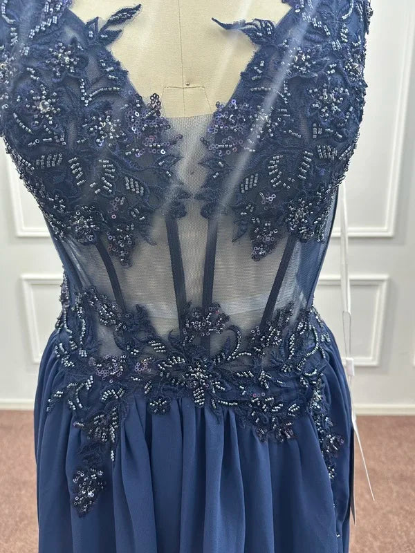 Navy Blue A Line Evening Dresses 2025 Elegant Beaded Appliques Illusion Prom Gowns Formal Party Vestido De Gala