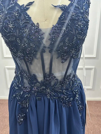 Navy Blue A Line Evening Dresses 2025 Elegant Beaded Appliques Illusion Prom Gowns Formal Party Vestido De Gala