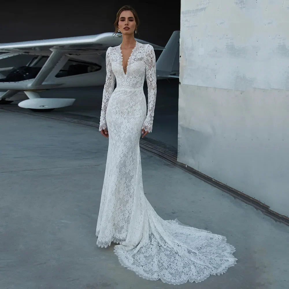 Romantic Wedding Dress Lace Mermaid Bridal Gown Customized V Neck Long Sleeves Court Train Woman Arabian Bride Dresses