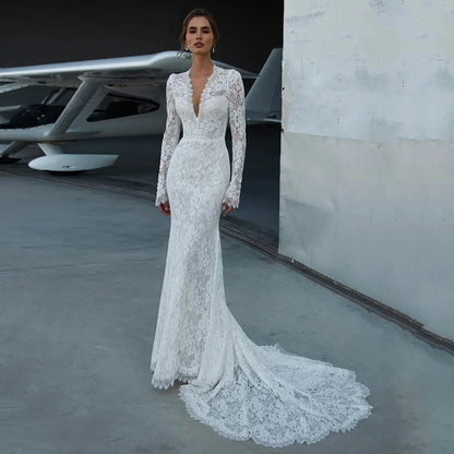 Romantic Wedding Dress Lace Mermaid Bridal Gown Customized V Neck Long Sleeves Court Train Woman Arabian Bride Dresses