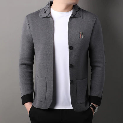 Luxury Brand Men's Autumn Winter Lapel Embroidered Sweater Coat Fashionable Business Three-dimensional Pocket Warm Knitted Jacke