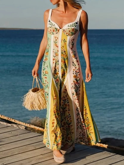 Fashion Elegant Women Sleeveless Party Dresses Casual Deep V Neck Maxi Dress Summer Backless High Waist Print Dress Vestidos
