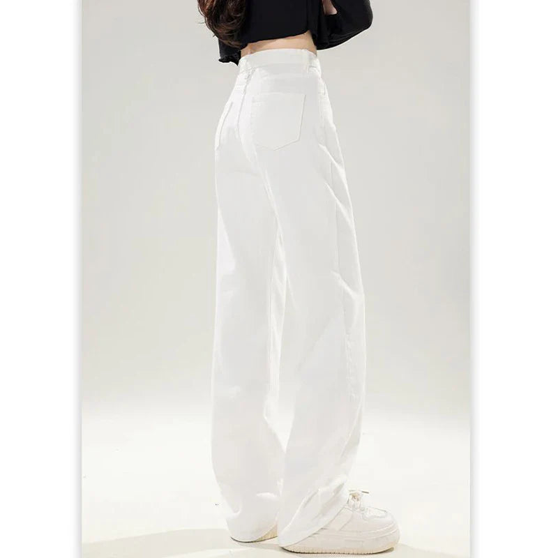 Lady Korean Fashion High Waist Jeans Pants Women Loose Fit Denim Trousers Girls White Casual Straight Leg Pants