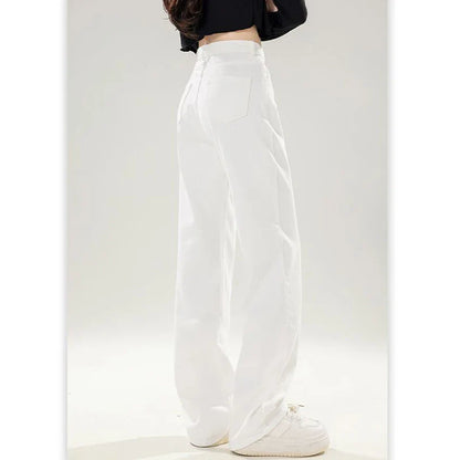 Lady Korean Fashion High Waist Jeans Pants Women Loose Fit Denim Trousers Girls White Casual Straight Leg Pants