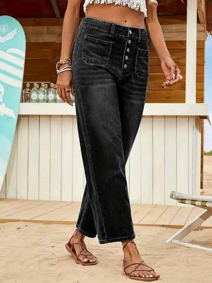 Women's Casual Loose Stretch Denim Pants Front Button Comfortable Washed Nine-Inch Long Trousers