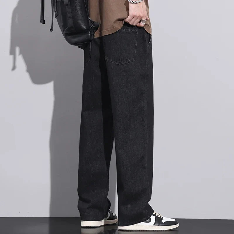 Men Dark Blue Blue Stretch Elastic Waist Denim Pants Streetwear Loose Full Length Trousers Straight Wide Leg Drawstring Jeans