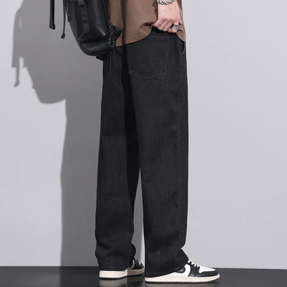 Men Dark Blue Blue Stretch Elastic Waist Denim Pants Streetwear Loose Full Length Trousers Straight Wide Leg Drawstring Jeans